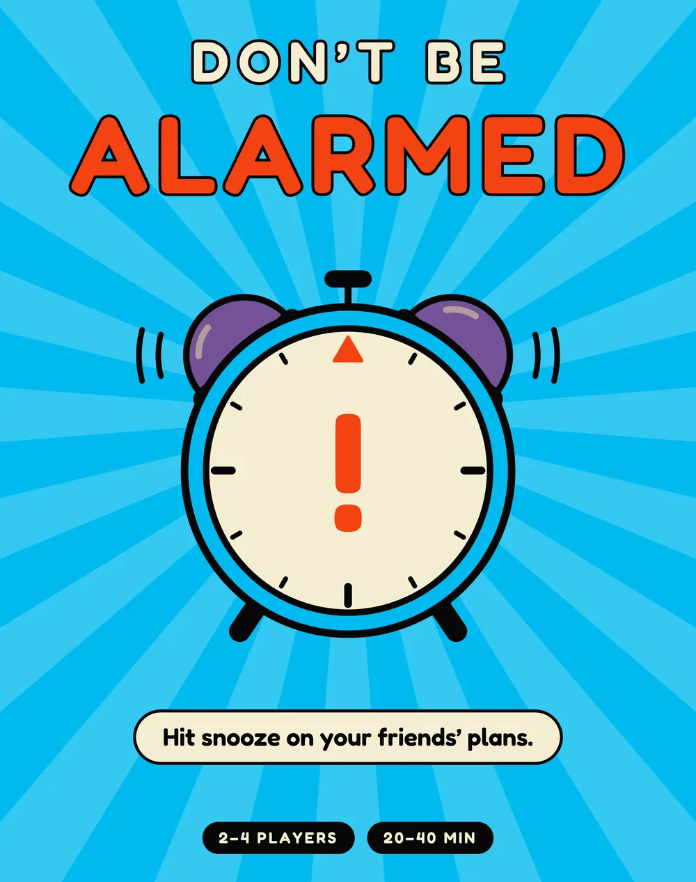 The Don't Be Alarmed box: a ringing blue alarm clock on a bright blue sunburst.
