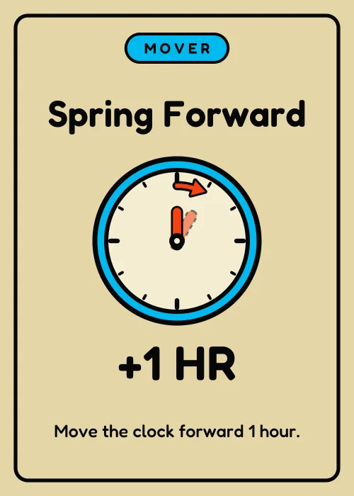 The Spring Forward Time card: move the clock forward 1 hour.
