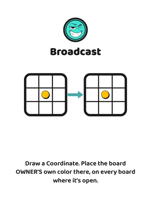 Happy Broadcast: place the board owner's own color at a coordinate on every board.