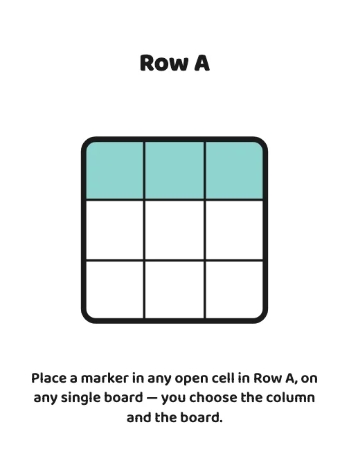 The Row A card: place a marker in any open cell in Row A, on any board.